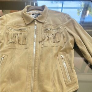 DKNY Tan Leather Jacket with High Collar and Elastic Waist